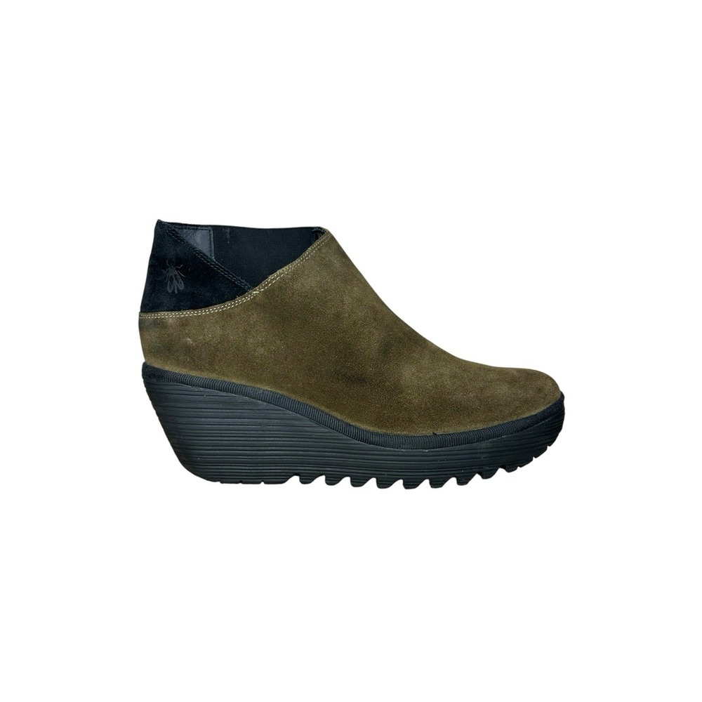 Fly London Boots Yego Sludge Green Suede Wedge Ankle Bootie Boots EU 39 US 8-8.5